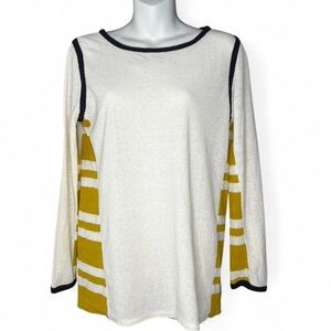 Tory Burch Cream Long Sleeve Top with Mustard Stripe Panels and Navy Trim